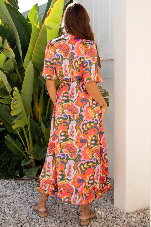 Rose Summer Plant Print Surpliced V Neck Ruffled Asymmetric Slit Wide Short Sleeve Maxi Dress