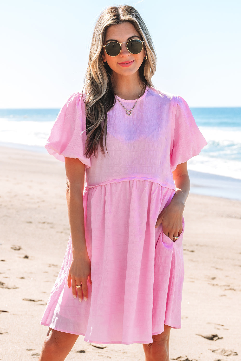 Bonbon Textured Bubble Sleeve High Waist Mini Dress