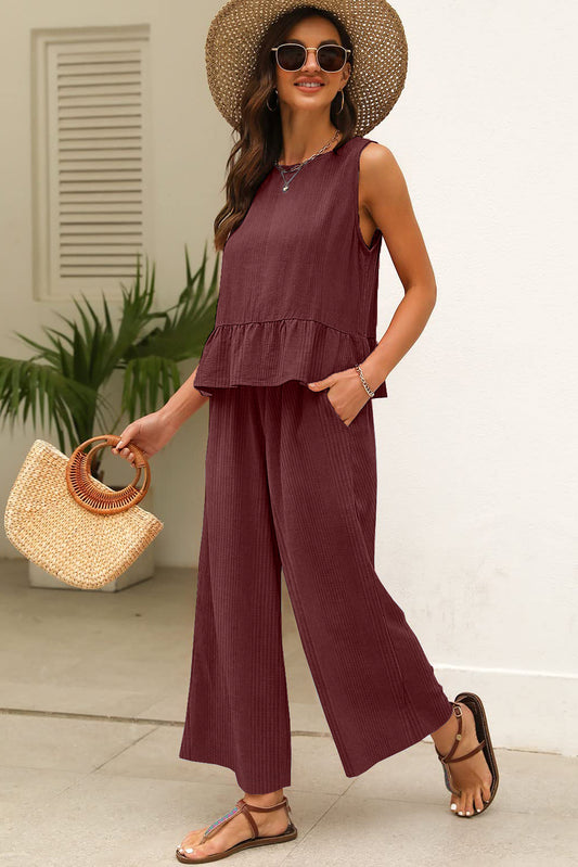 Red Dahlia Solid Color Ribbed Ruffle Tank Top and Pants Set