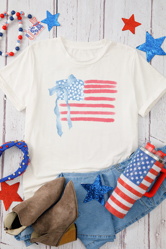 White American Flag Bow Knot Print Crew Neck T Shirt