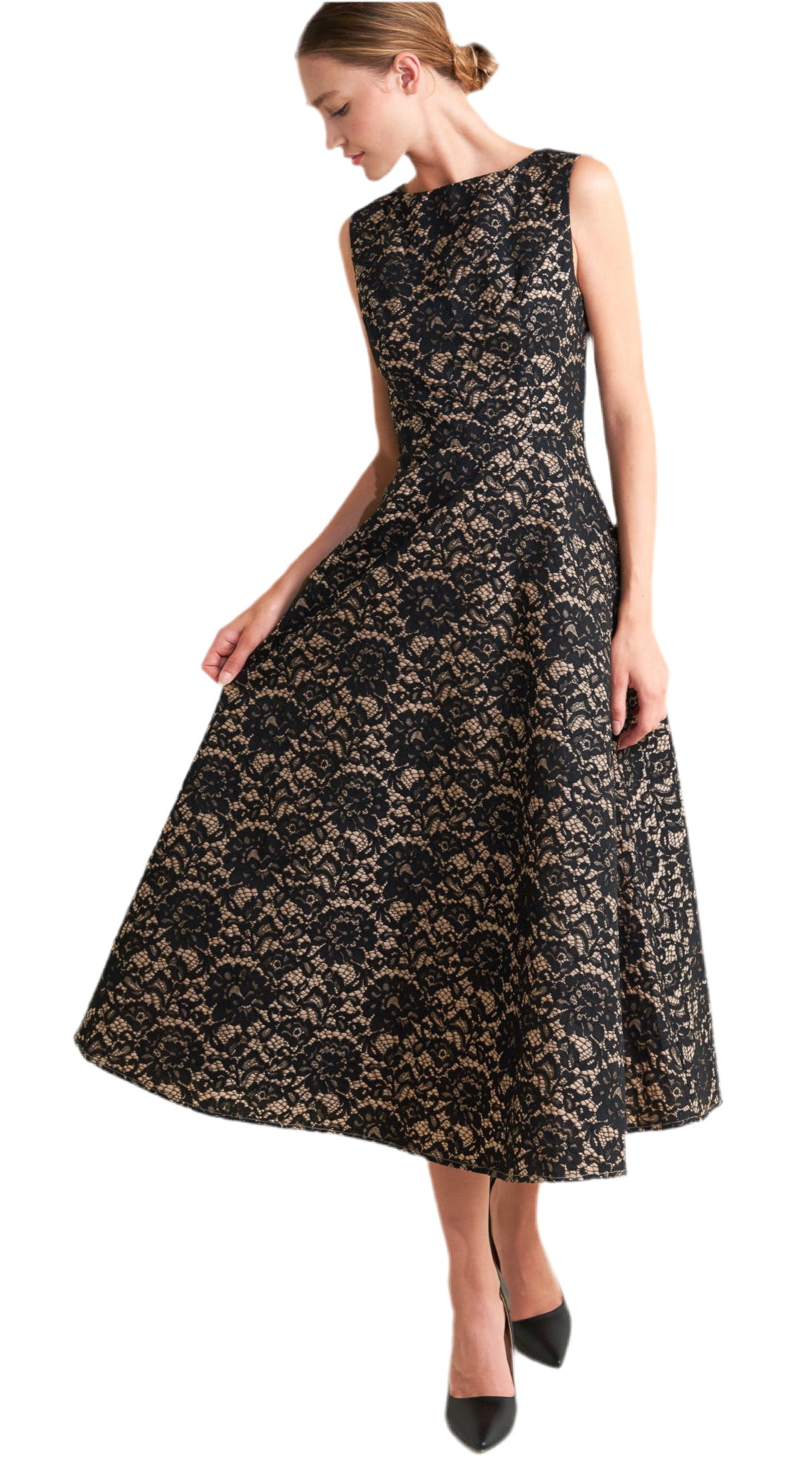 NIGHTFALL CHIC LACE WOVEN MIDI DRESS