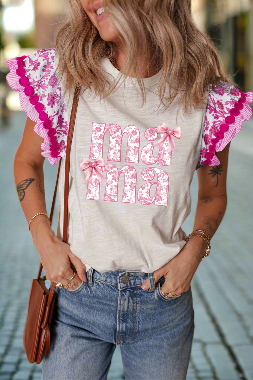 Rose Floral mama Letter Ruffle Patchwork Sleeve Top