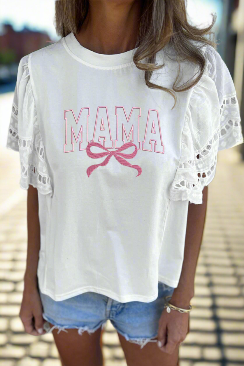White MAMA Bow Embroidered Lace Patchwork Sleeve Top