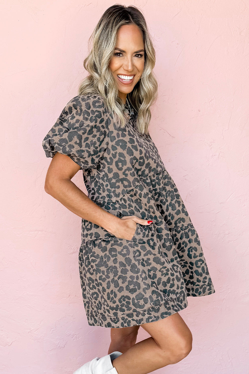 Brown Denim Leopard Printed Short Puff Sleeve Mini Dress