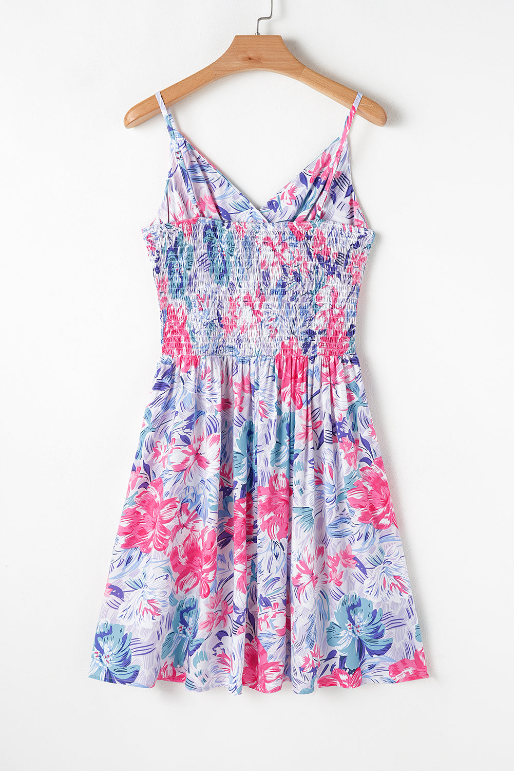 Sky Blue Floral Spaghetti Strap Surplice Neck Shirred Waist Mini Dress