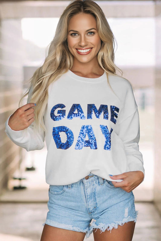 White Sequined GAME DAY Graphic Round Neck Sweater