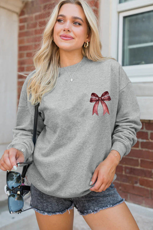 Gray Football Bow Print Drop Shoulder Pullover Sweatshirt