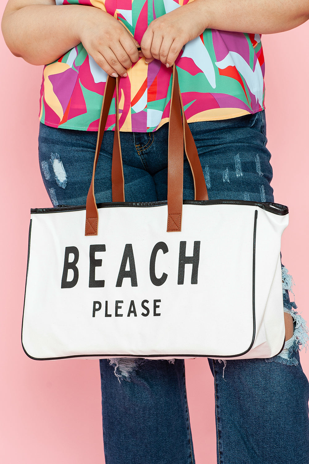 Weiße große Canvas-Tragetasche mit „BEACH PLEASE“-Aufdruck