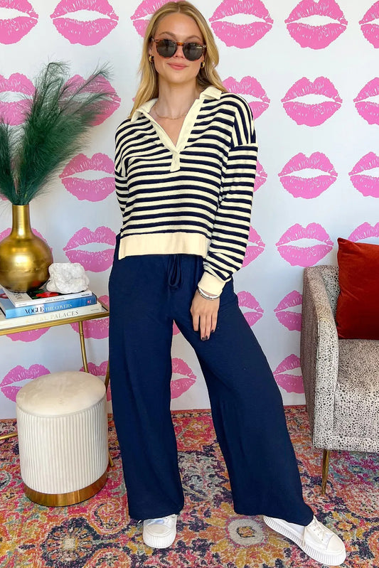 Blue Stripe Collared V Neck Long Sleeve Casual Top