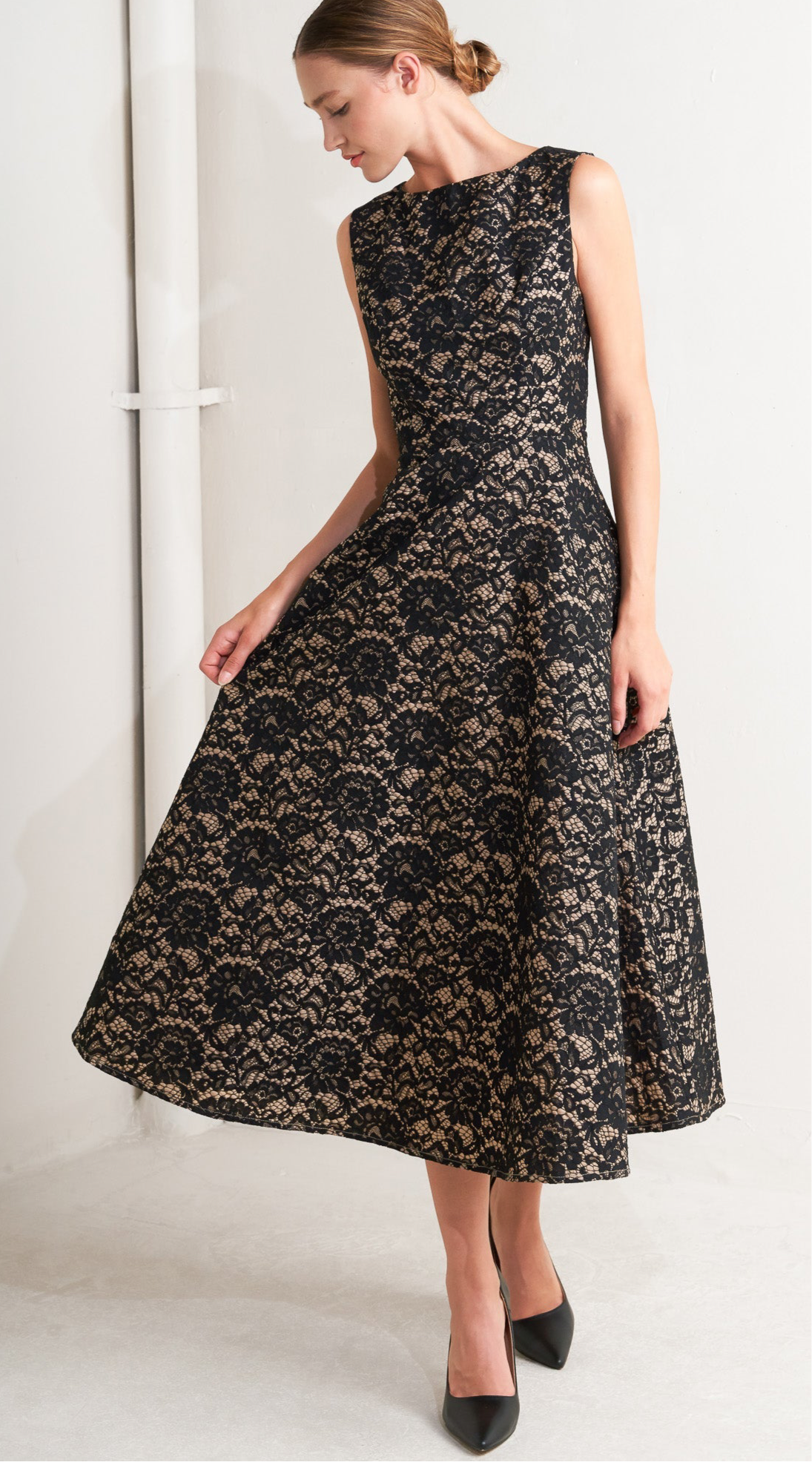 NIGHTFALL CHIC LACE WOVEN MIDI DRESS