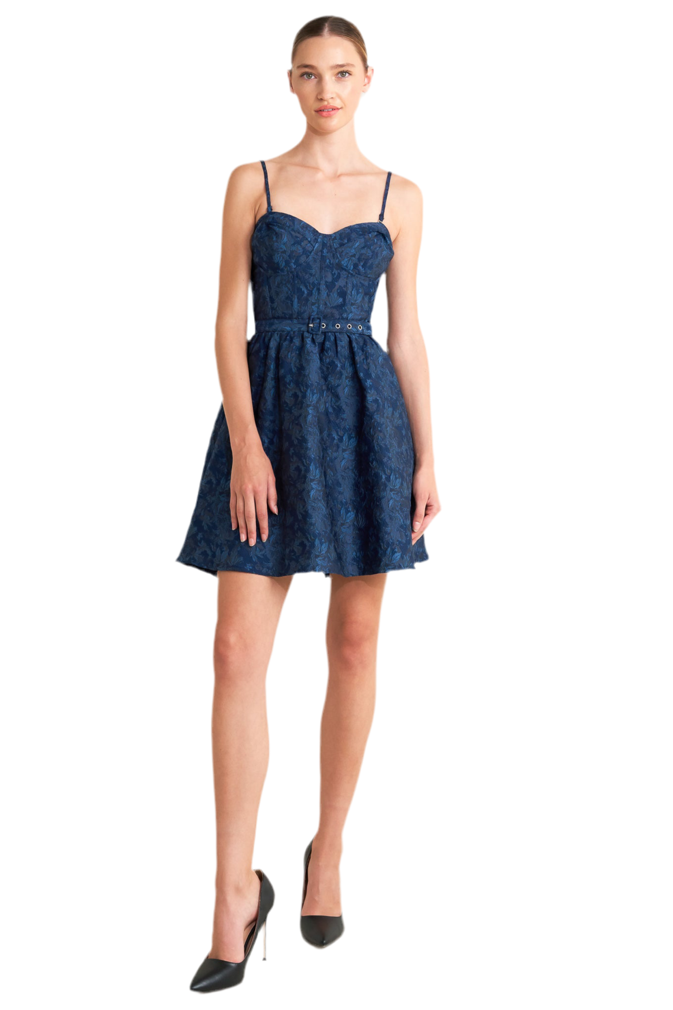 NAVY ROMANCE WOVEN JACQUARD MINI DRESS