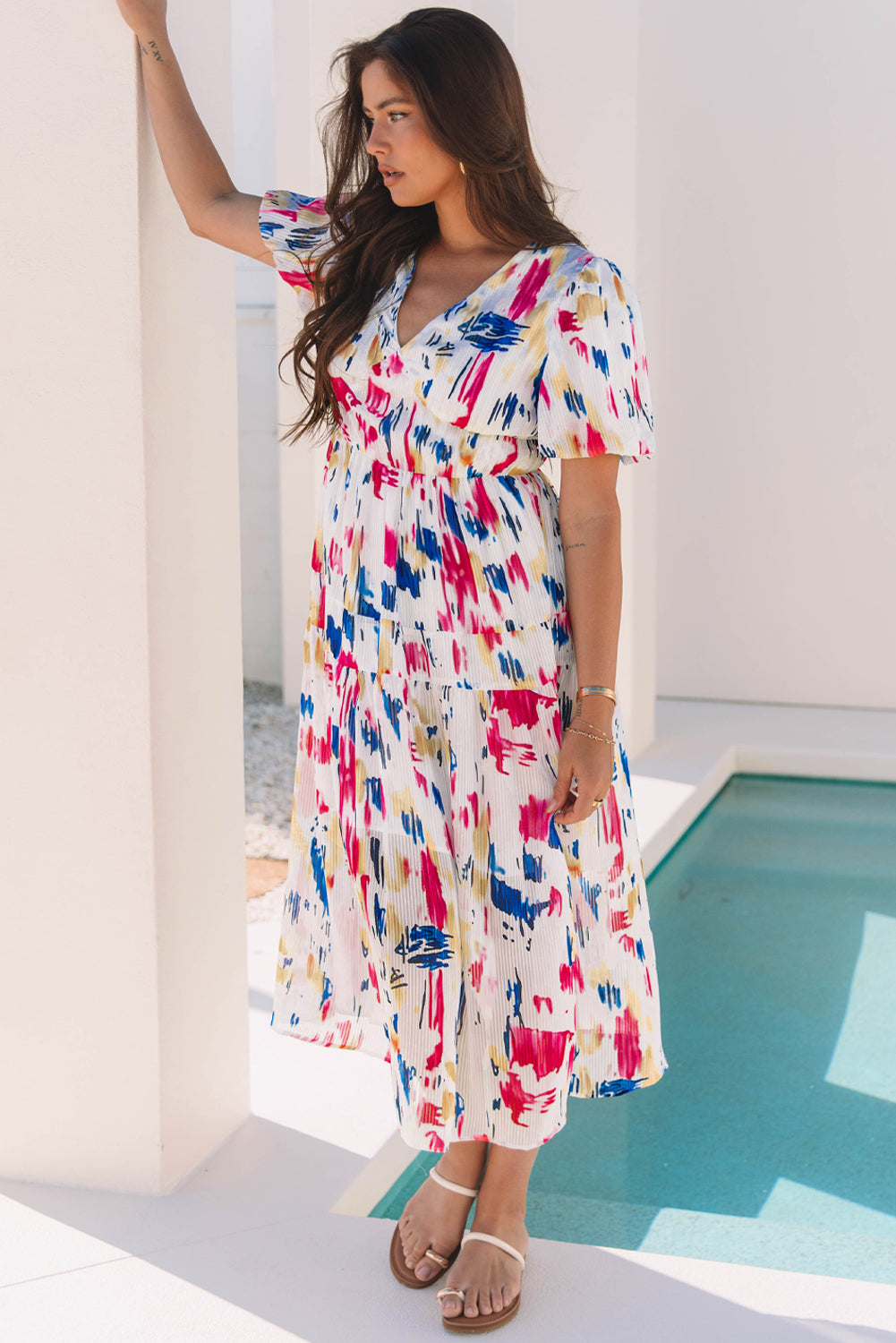 Rose Abstract Print Short Puff Sleeve Tiered Maxi Dress