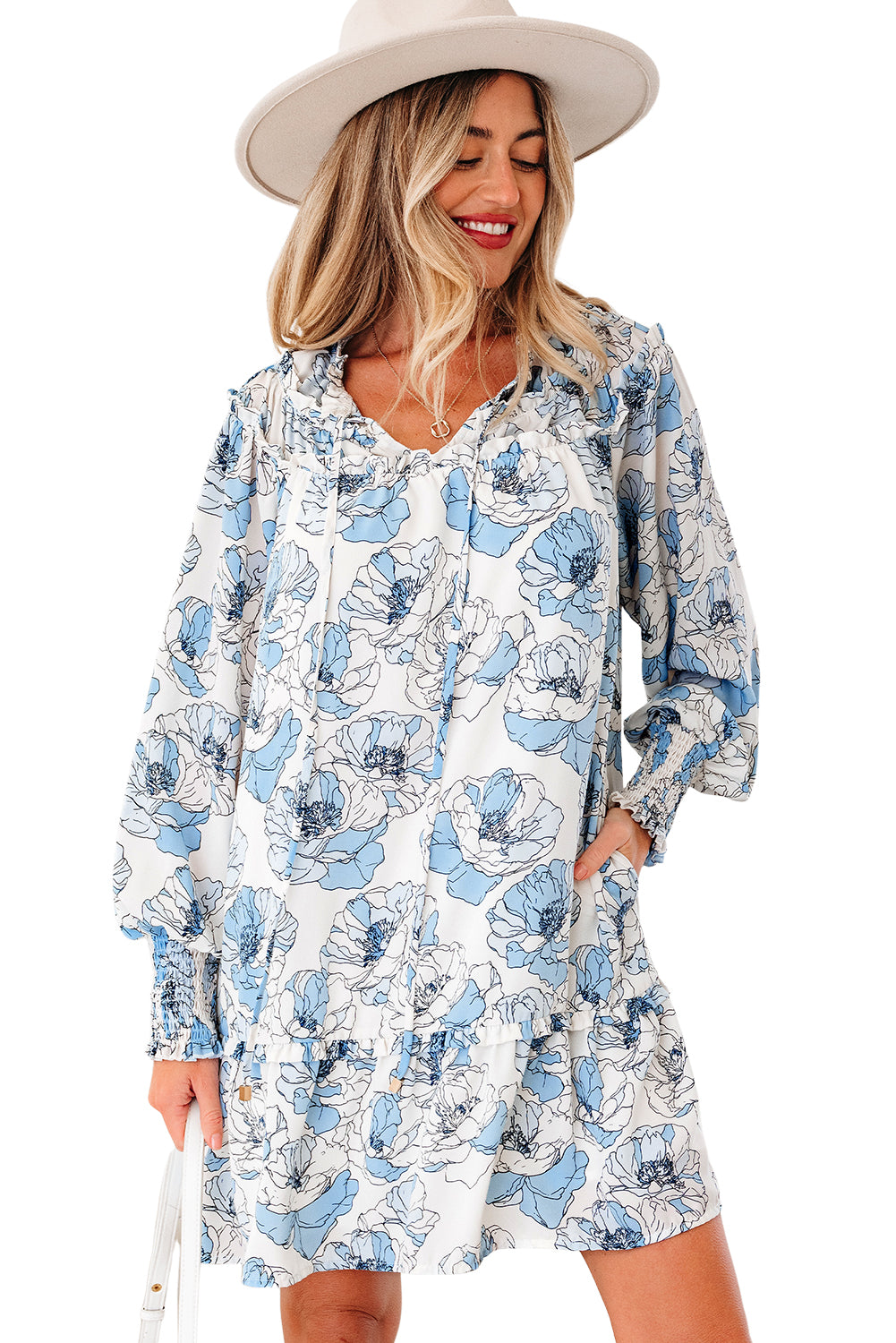 Sky Blue Floral Print Tie Neck Long Sleeve Flowy Mini Dress