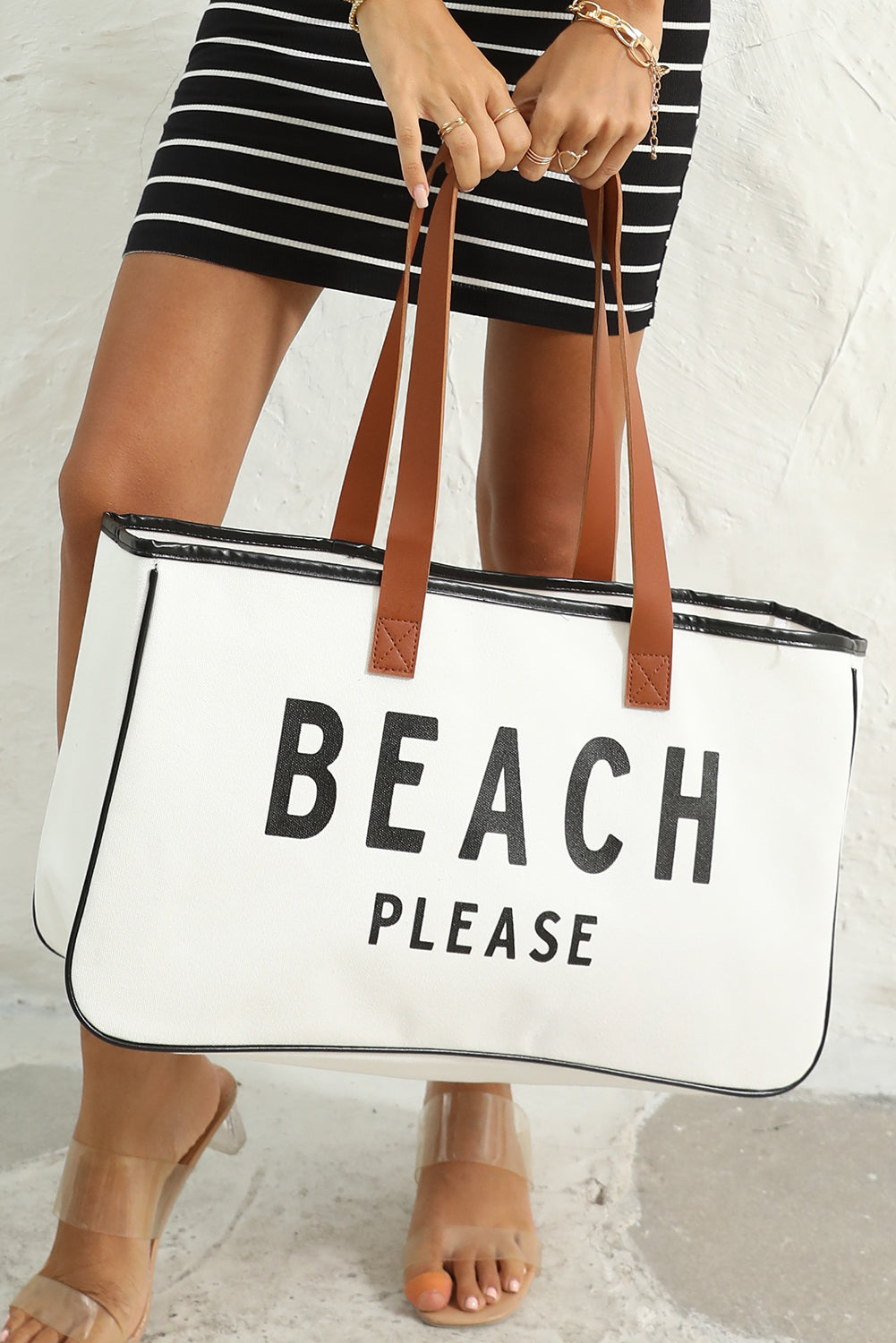 Weiße große Canvas-Tragetasche mit „BEACH PLEASE“-Aufdruck