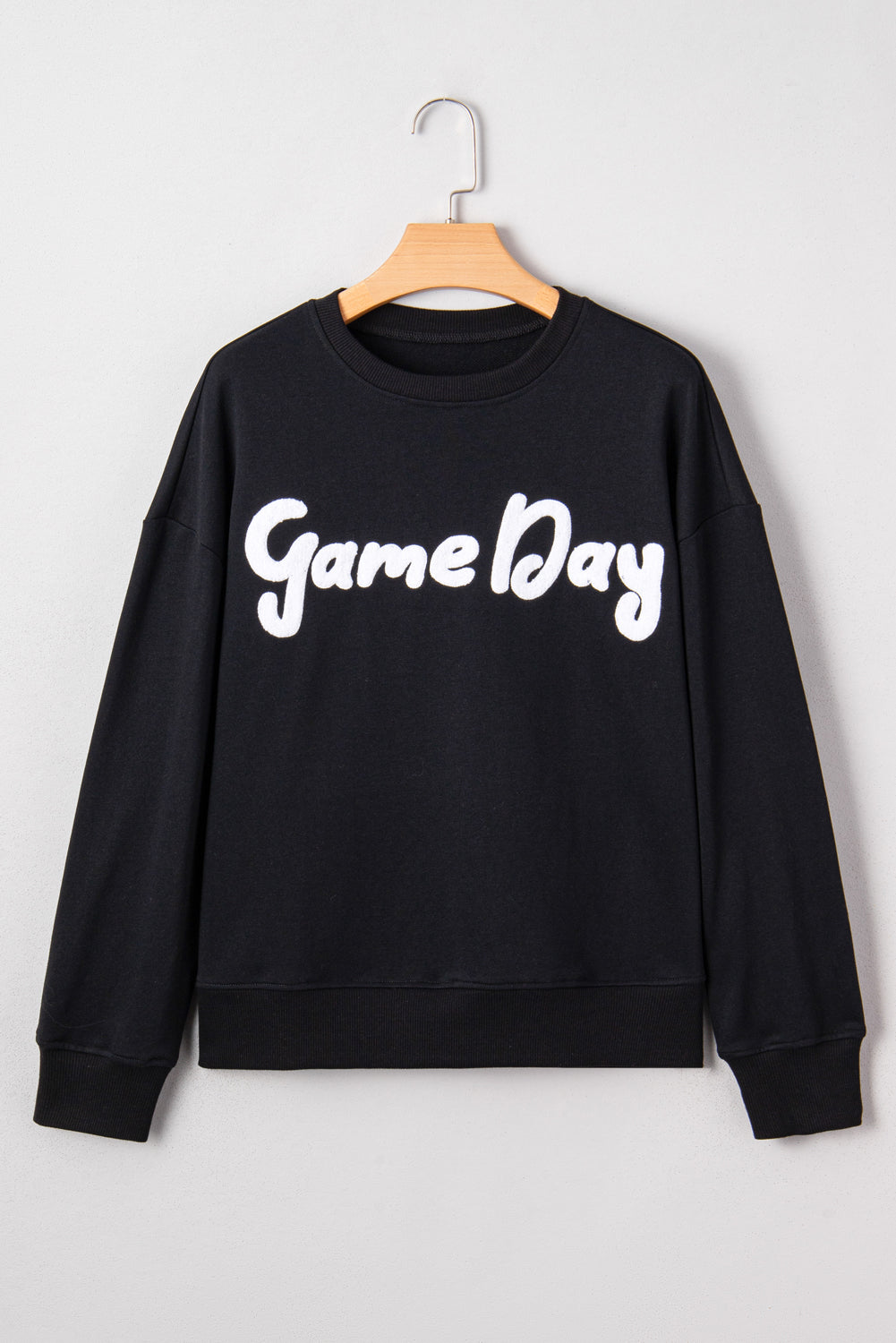 Black Chenille Game Day Graphic Drop Shoulder Sweatshirt