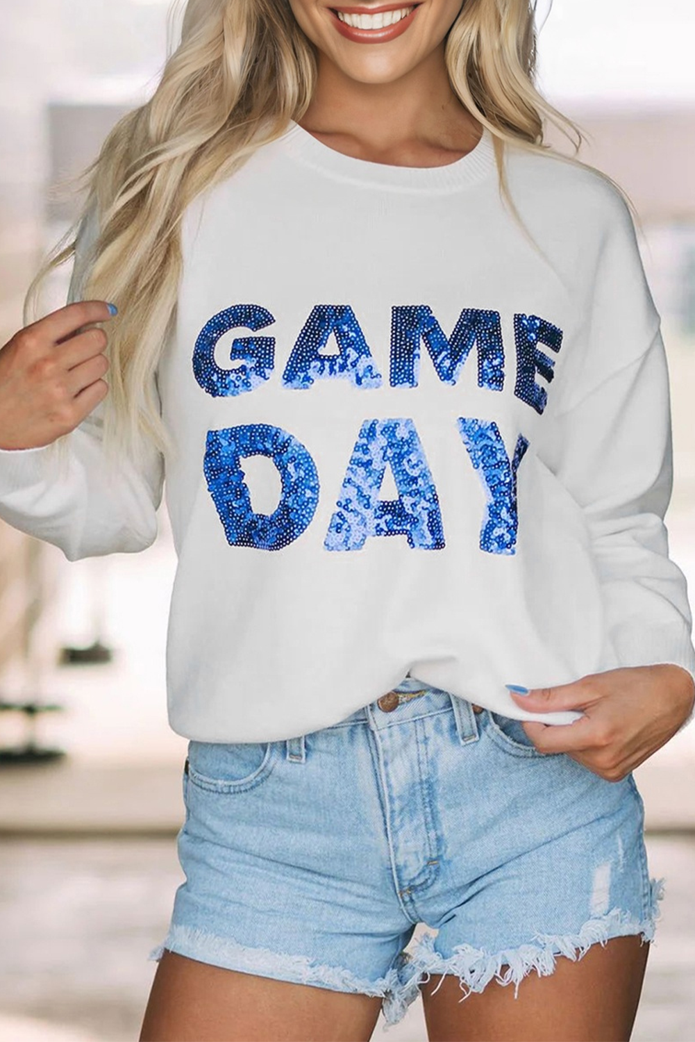 White Sequined GAME DAY Graphic Round Neck Sweater