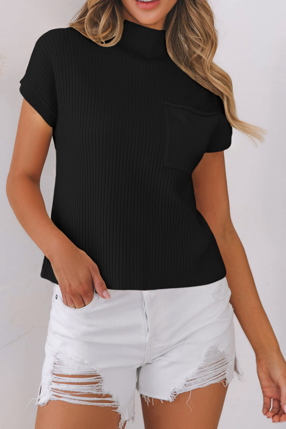 Black Patch Pocket Ribbed Knit Short Sleeve Sweater