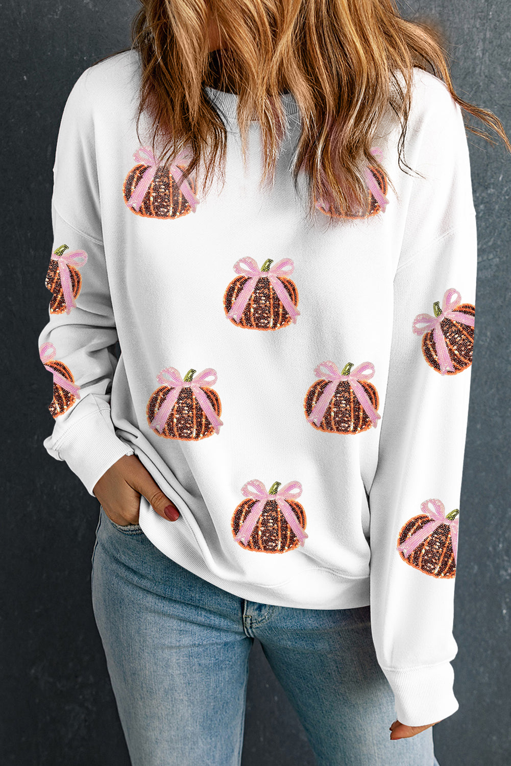White Sequin Bow Pumpkin Patched Cotton Baggy Sweatshirt