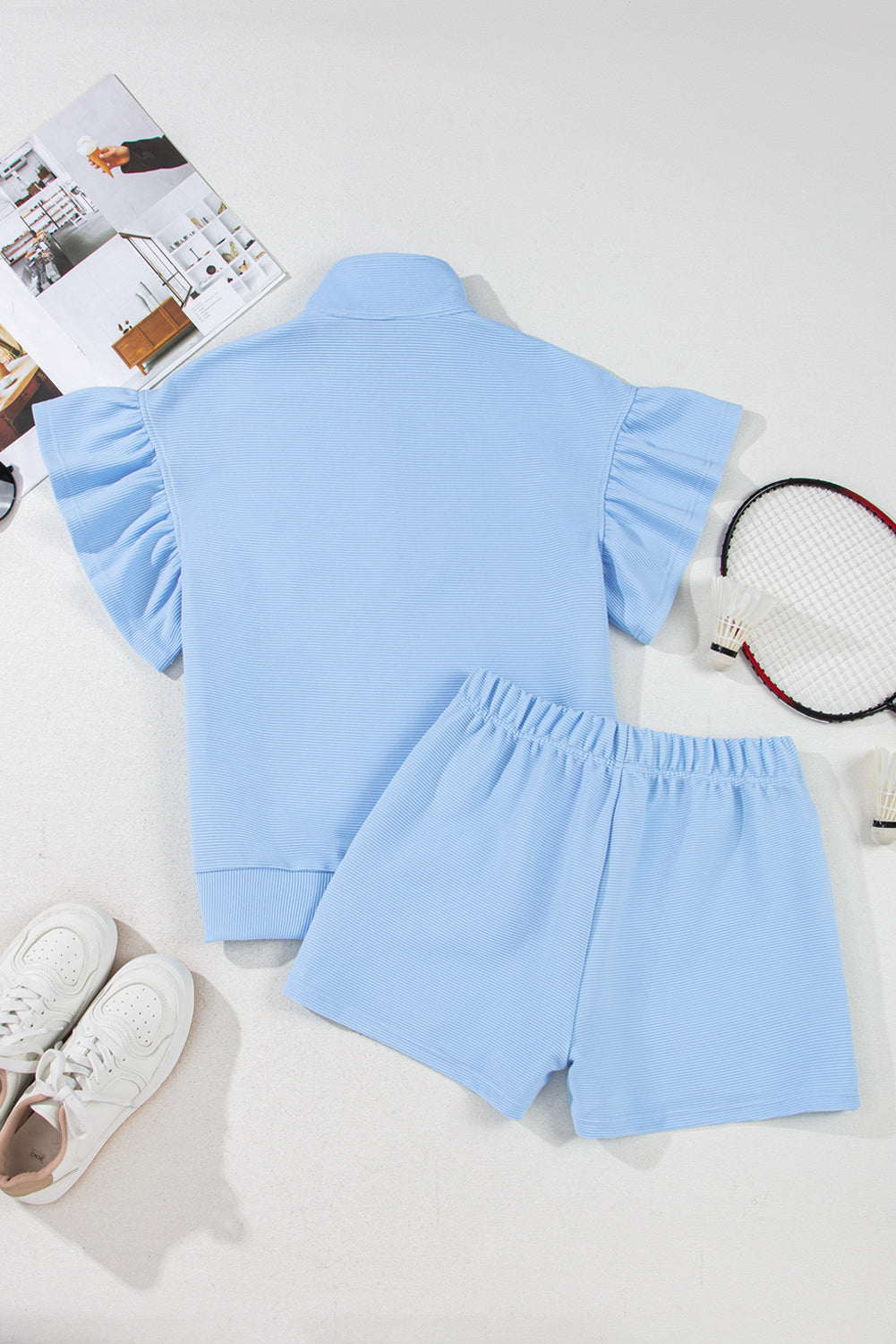 Beau Blue Ribbed Texture Half Zip Ruffled Short Sleeve Top and Shorts Set