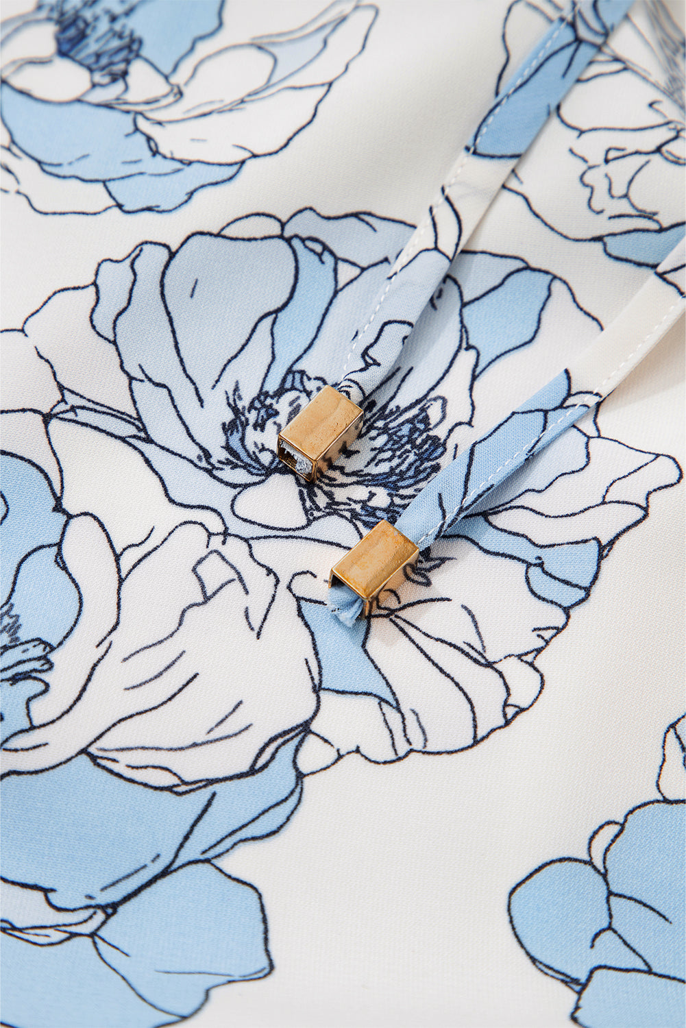 Sky Blue Floral Print Tie Neck Long Sleeve Flowy Mini Dress