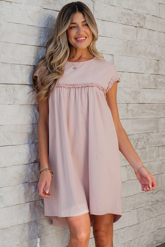 Oatmeal Frilled Trim Crew Neck Loose Fit Mini Dress