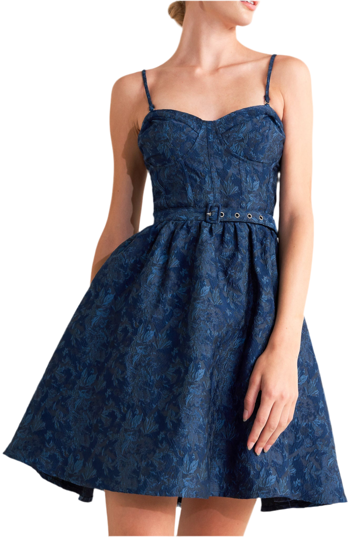 NAVY ROMANCE WOVEN JACQUARD MINI DRESS