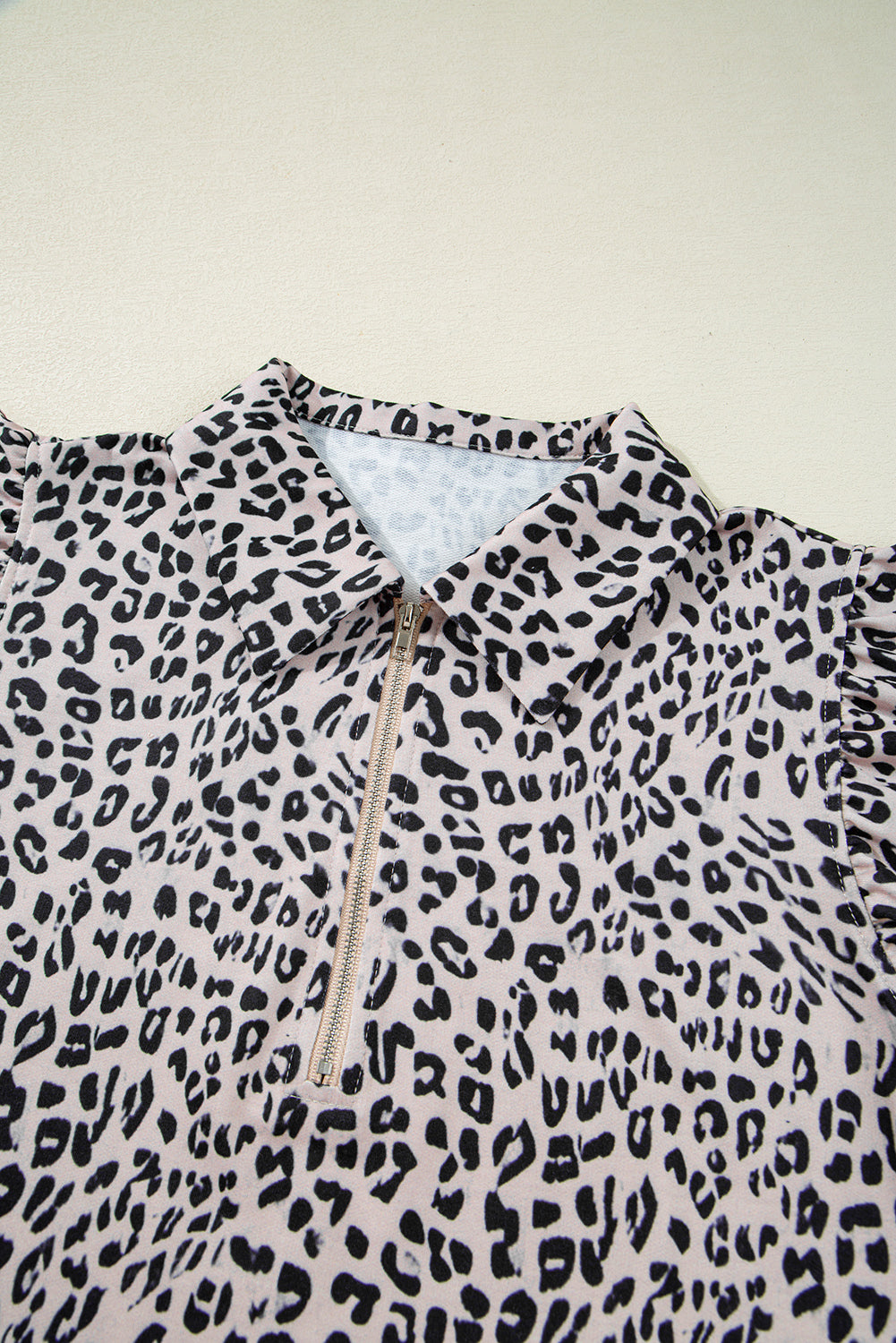 Brown Leopard Half Zipper Collared Ruffled Sleeve Top and Short Set
