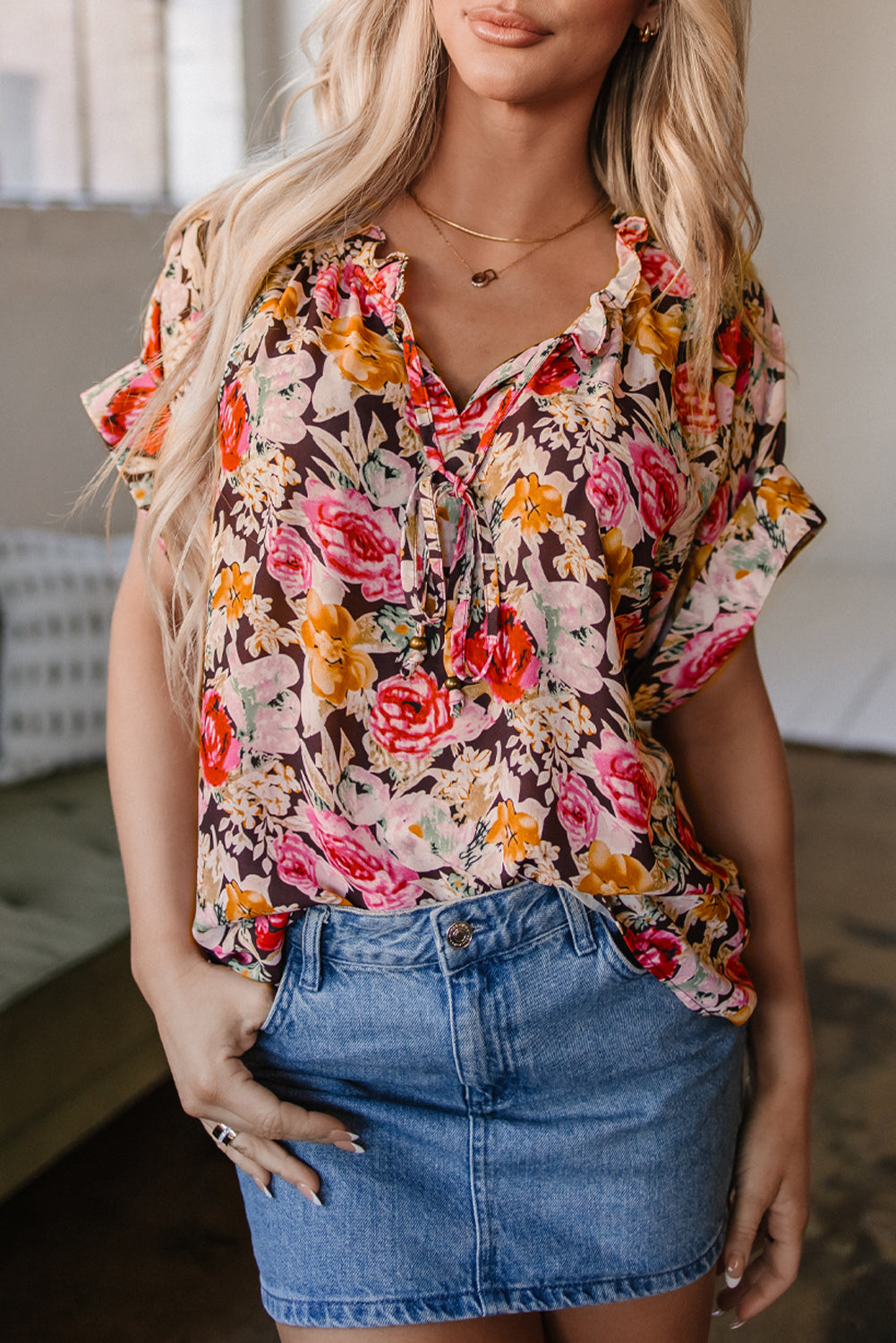 Pink Floral Print Crew Neck Short Sleeve Shift Blouse