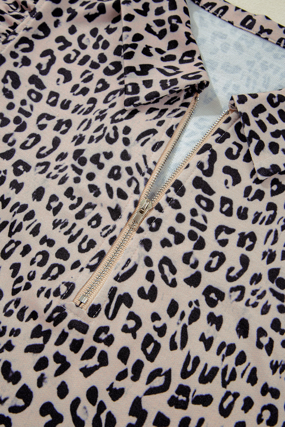 Brown Leopard Half Zipper Collared Ruffled Sleeve Top and Short Set