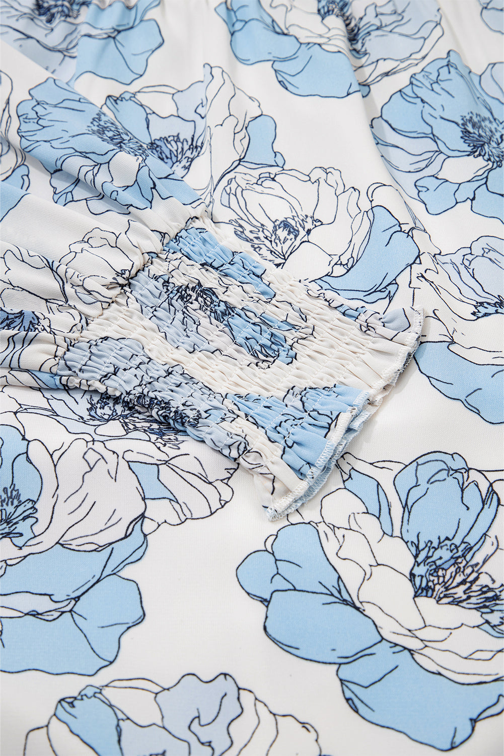 Sky Blue Floral Print Tie Neck Long Sleeve Flowy Mini Dress