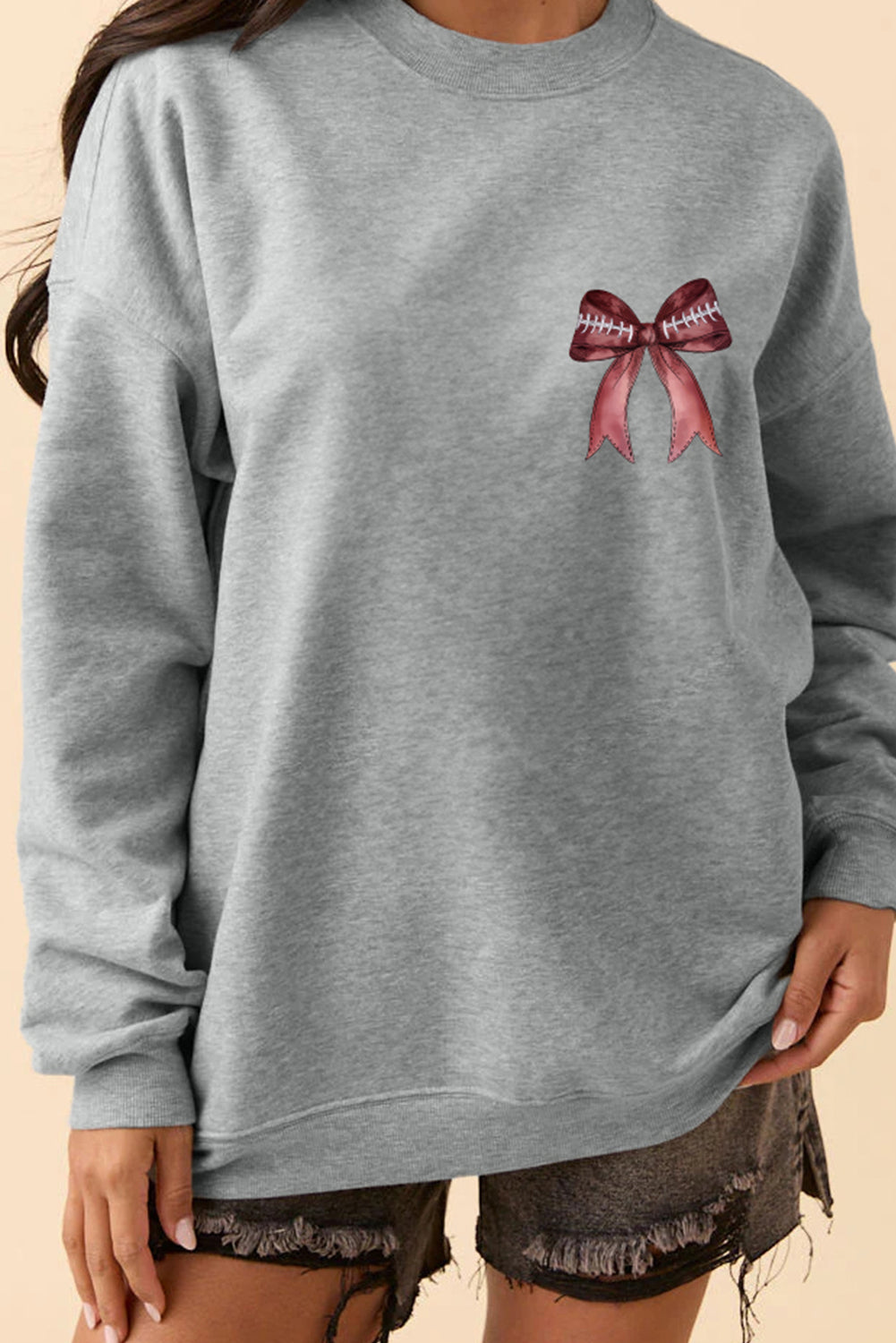 Gray Football Bow Print Drop Shoulder Pullover Sweatshirt
