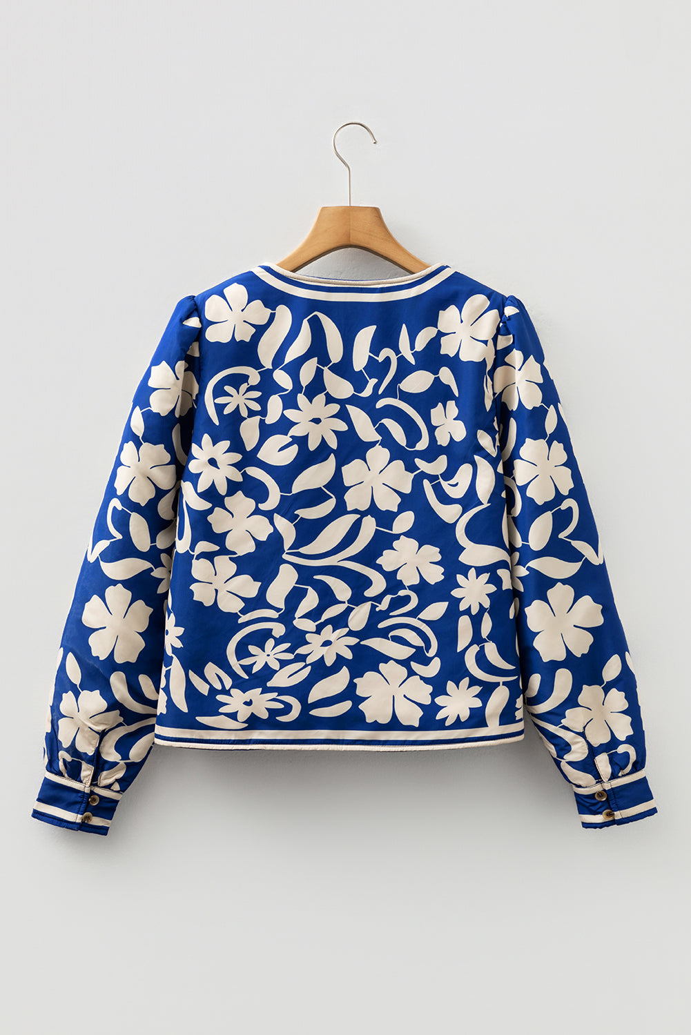 Blue Flower Print Open Front Buttoned Cuffs Elegant Jacket