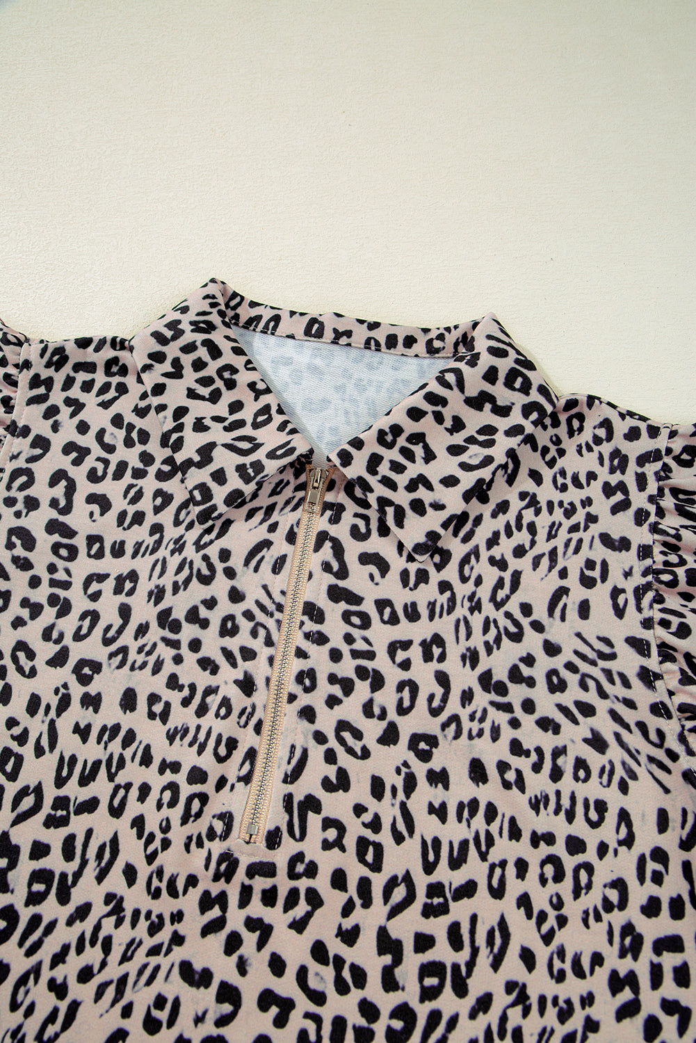 Brown Leopard Half Zipper Collared Ruffled Sleeve Top and Short Set