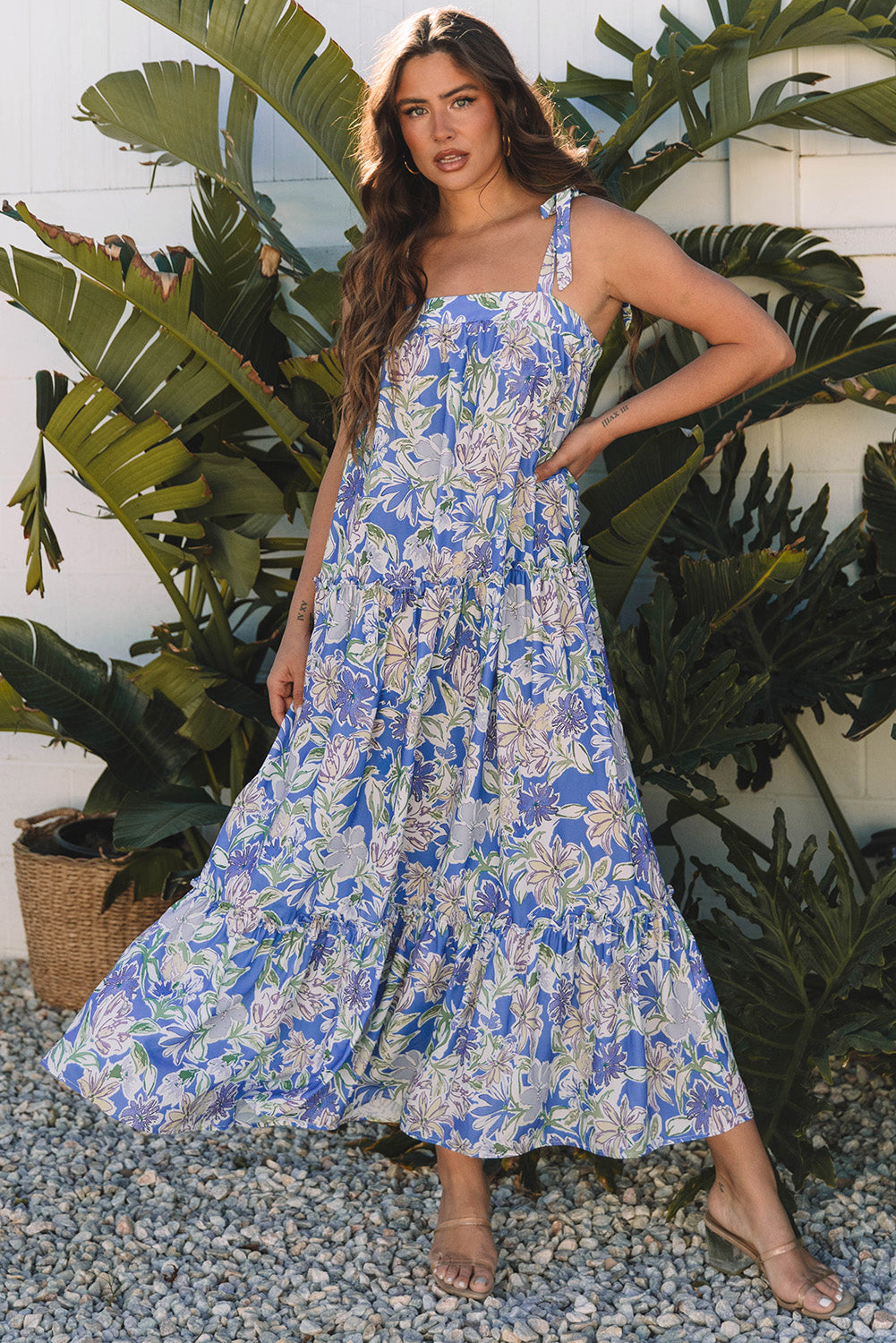Sky Blue Floral Print Self-tie Straps Flowy Ruffle Long Dress