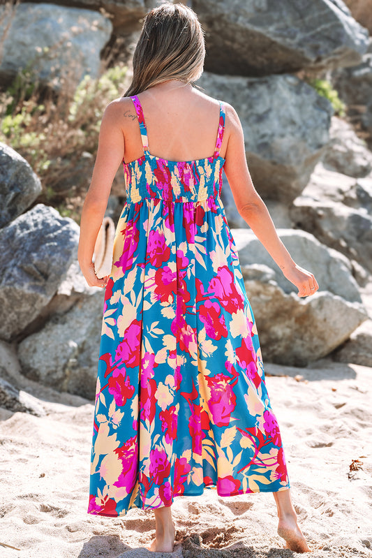 Dark Blue Floral High Waist Sleeveless Flared Long Dress