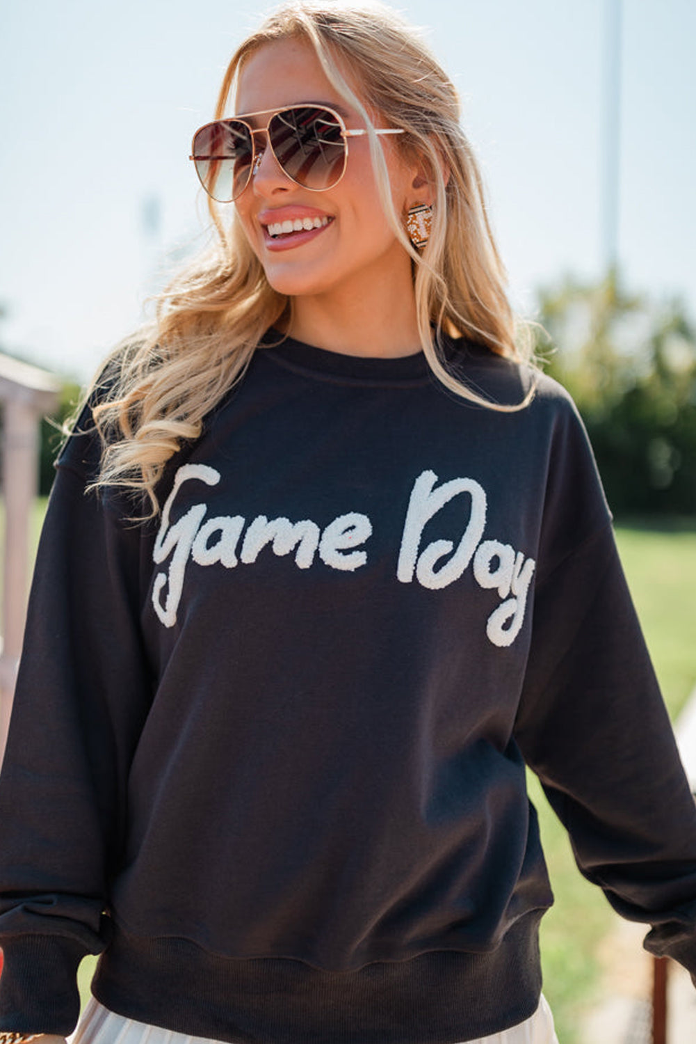 Black Chenille Game Day Graphic Drop Shoulder Sweatshirt