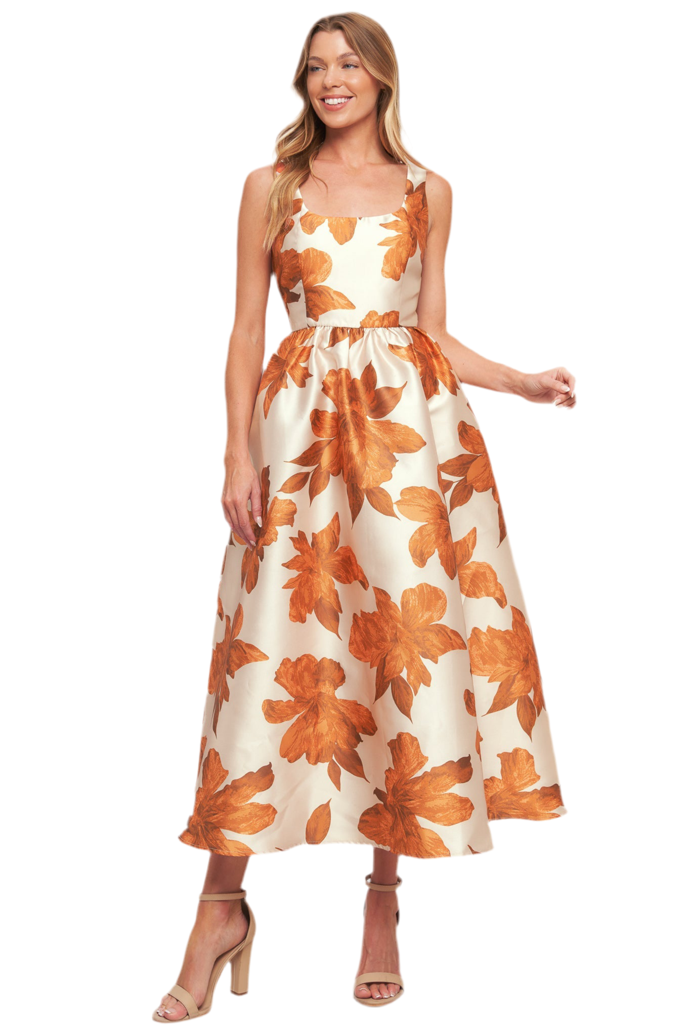 AUTUMNAL FLORAL WOVEN MIDI DRESS
