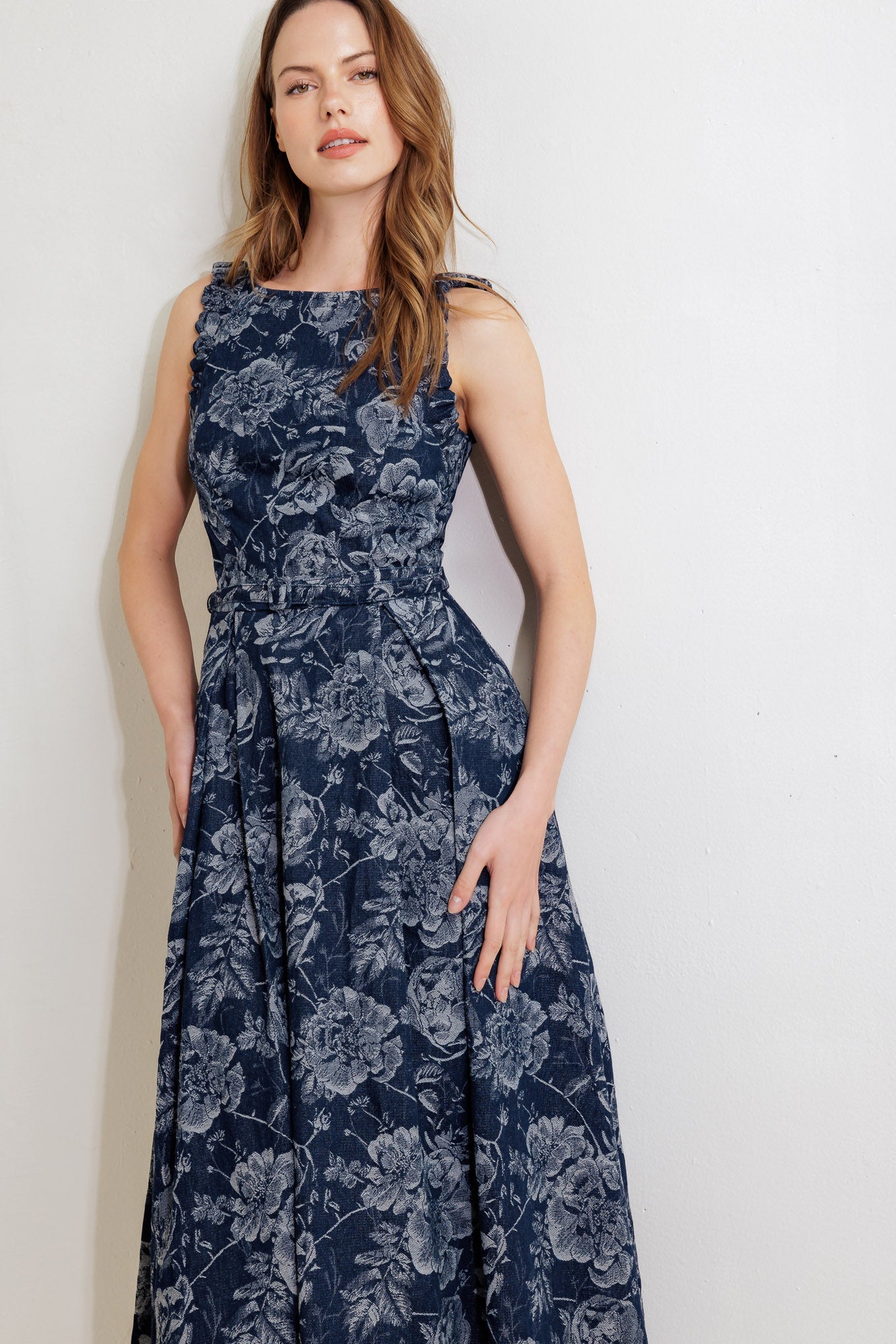 DUSK ROSE WOVEN DENIM MIDI DRESS