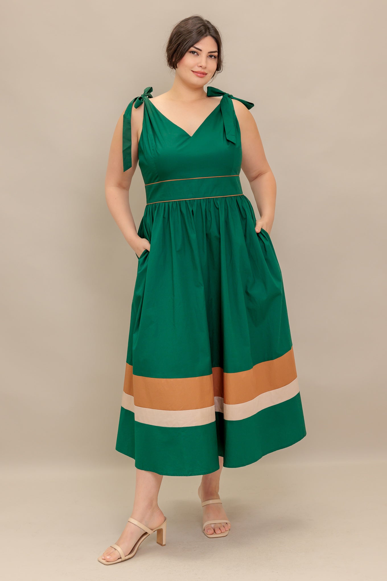 LUCKY CHARM WOVEN COLOR BLOCKED MIDI DRESS