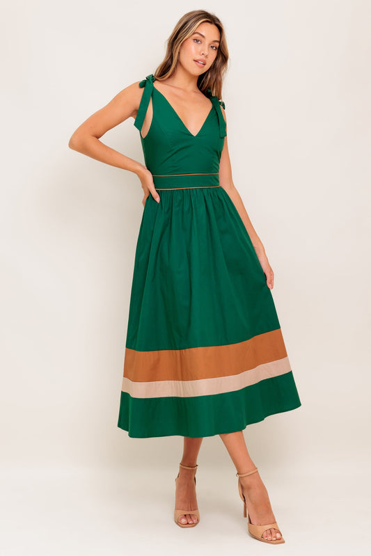 LUCKY CHARM WOVEN COLOR BLOCKED MIDI DRESS