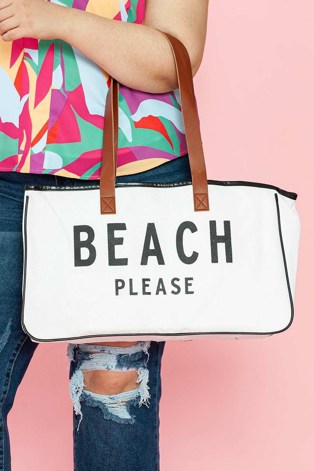 Weiße große Canvas-Tragetasche mit „BEACH PLEASE“-Aufdruck