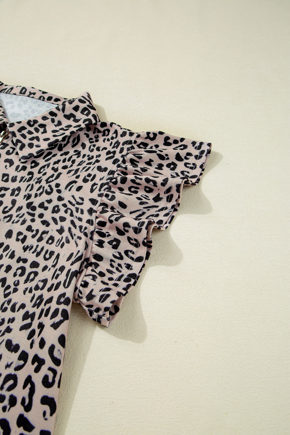 Brown Leopard Half Zipper Collared Ruffled Sleeve Top and Short Set