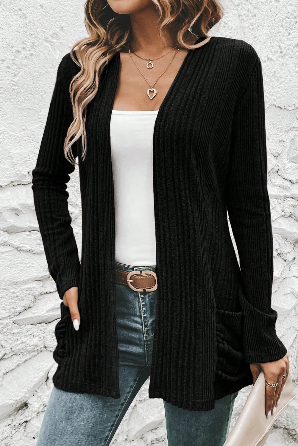Black Ribbed Open Front Knitted Top with Pockets