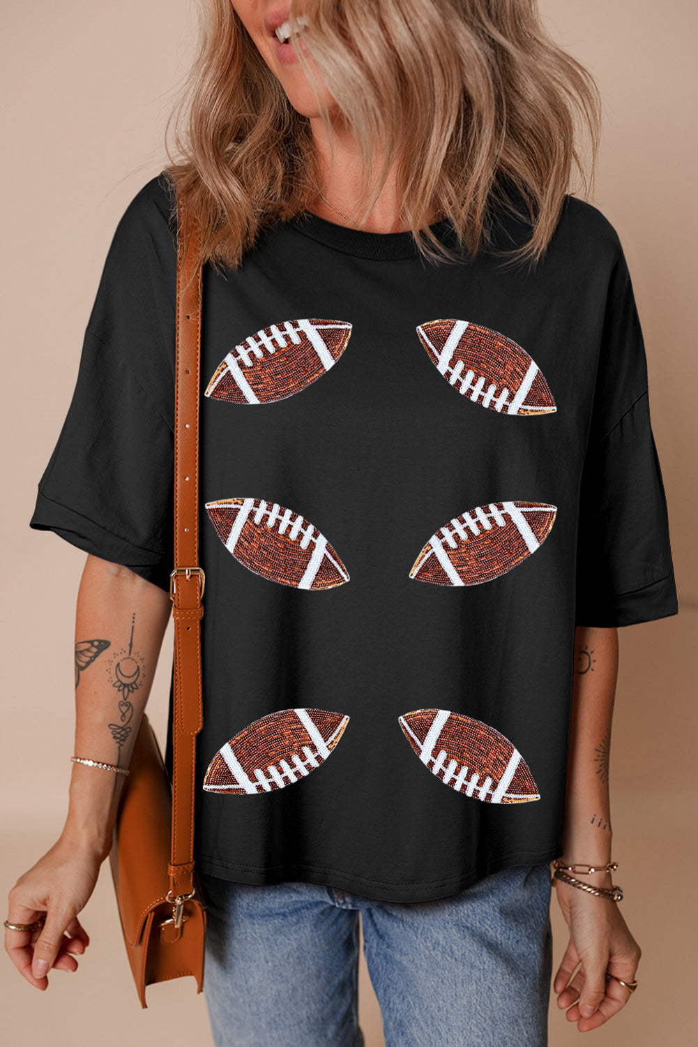 Black Sequin Rugby Football Patched Crewneck Loose T Shirt