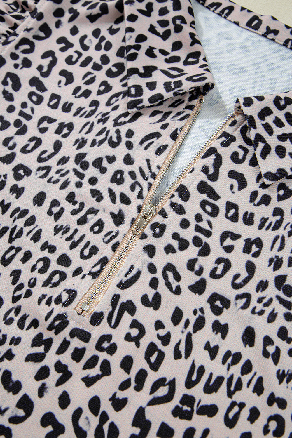 Brown Leopard Half Zipper Collared Ruffled Sleeve Top and Short Set