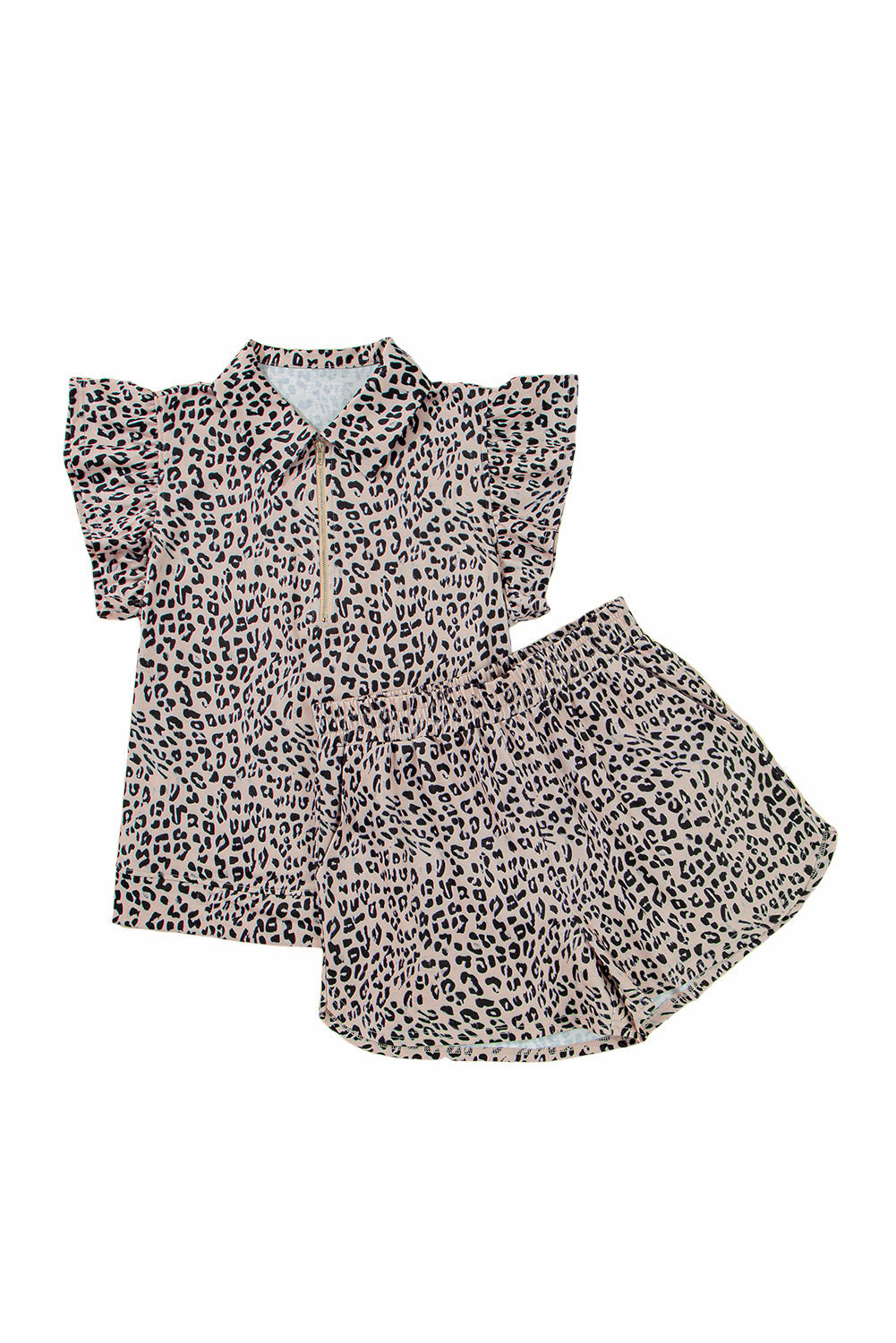 Brown Leopard Half Zipper Collared Ruffled Sleeve Top and Short Set