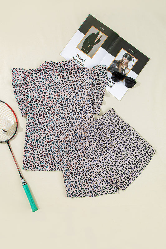Brown Leopard Half Zipper Collared Ruffled Sleeve Top and Short Set