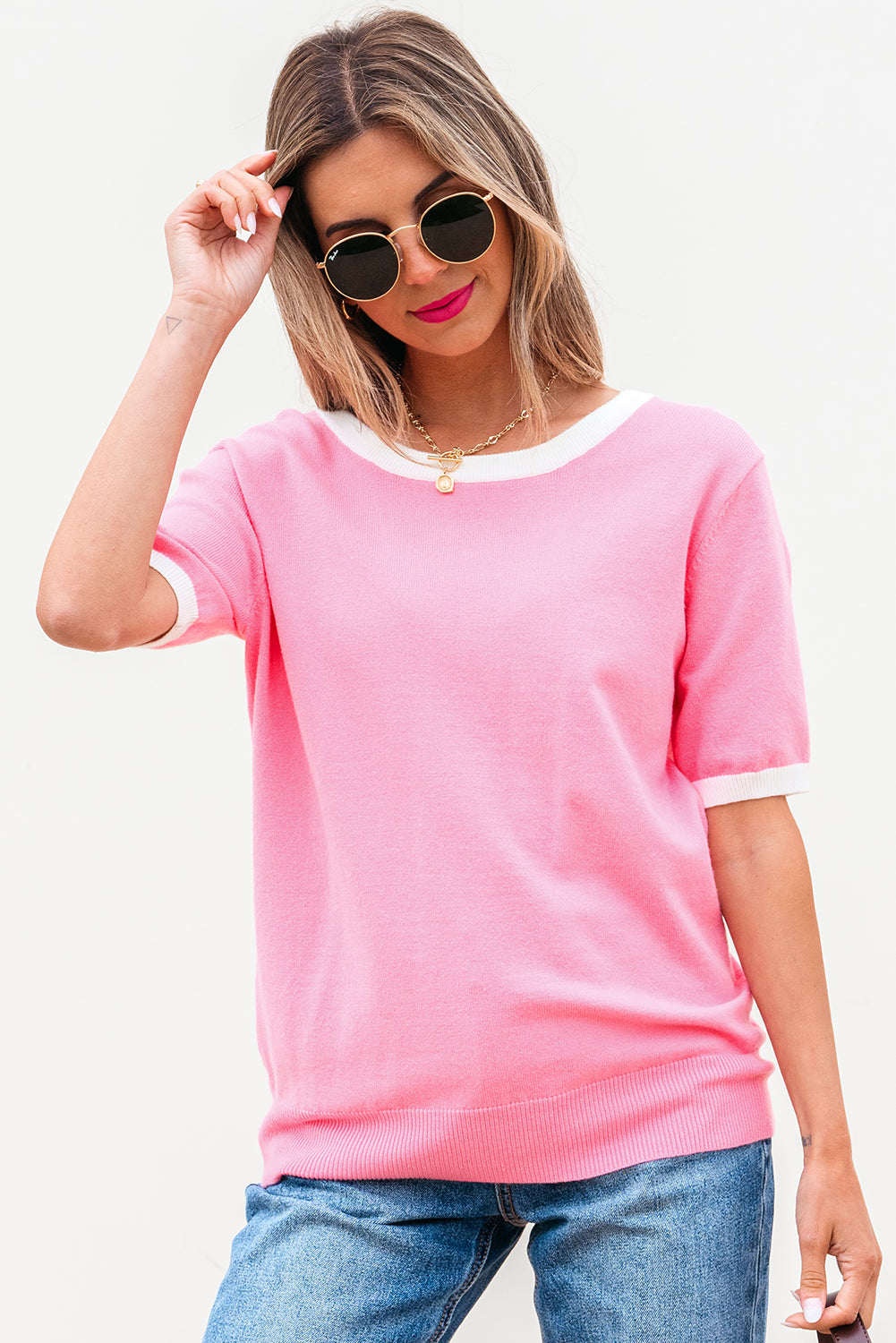 Bonbon Colorblock Bow V-Shape Cut Back Short Sleeve Sweater