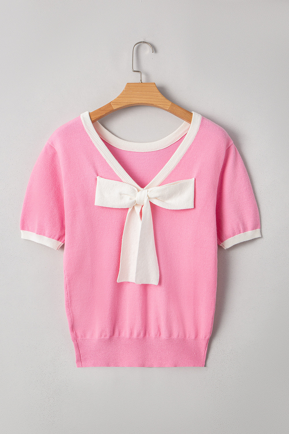 Bonbon Colorblock Bow V-Shape Cut Back Short Sleeve Sweater