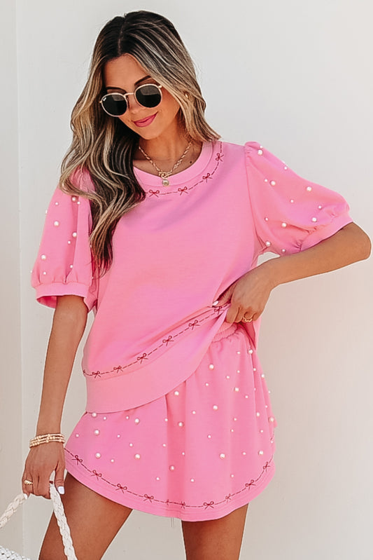 Pink Contrast Bow Trim Pearl Puff Sleeve Blouse and Skort 2pcs Set